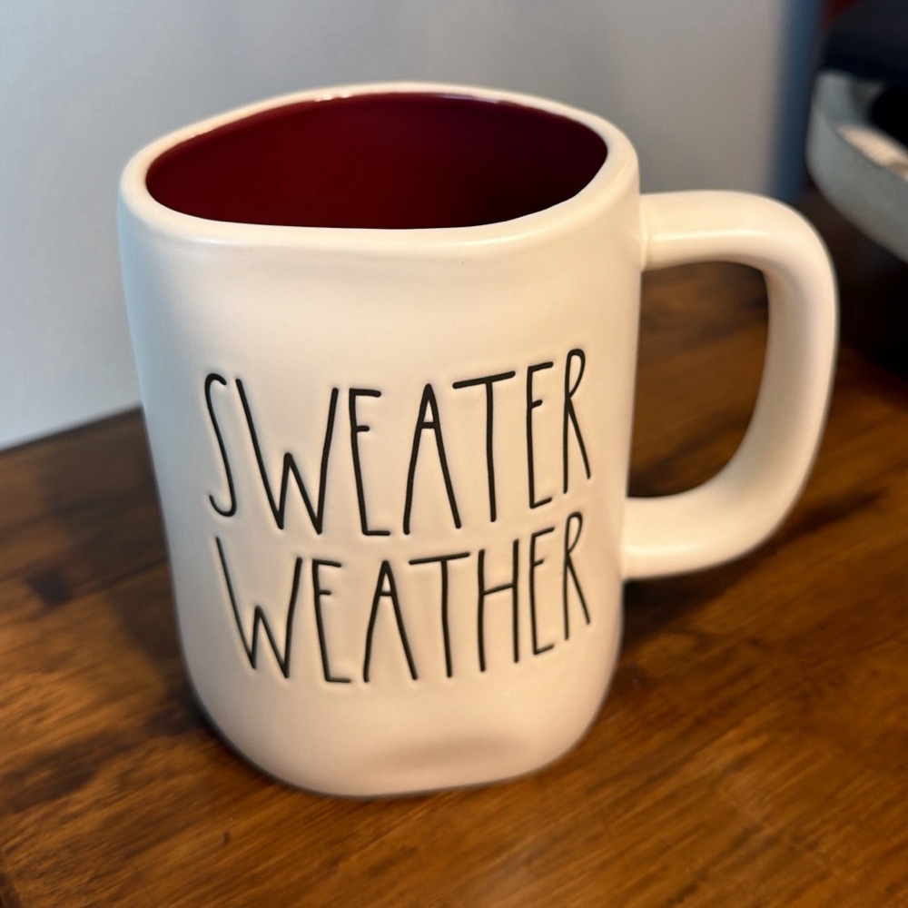 Rae Dunn mug with purple/maroon inside. Sweater weather.